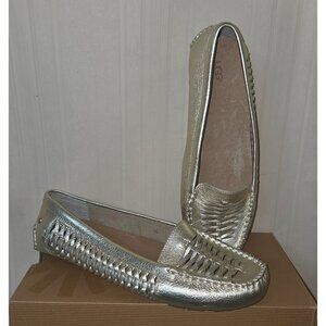 UGG Clary Gold Leather Slip On Woven Moccasin Loafers Size US 10 NEW 1009247